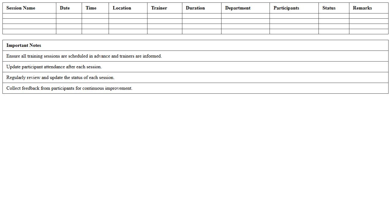 HR Training Session Planner Excel Sheet