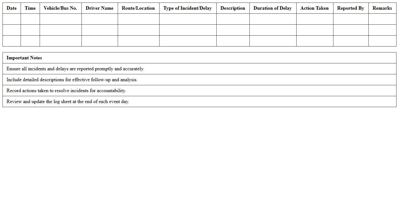 Incident & Delay Log Sheet for Event Transportation Excel