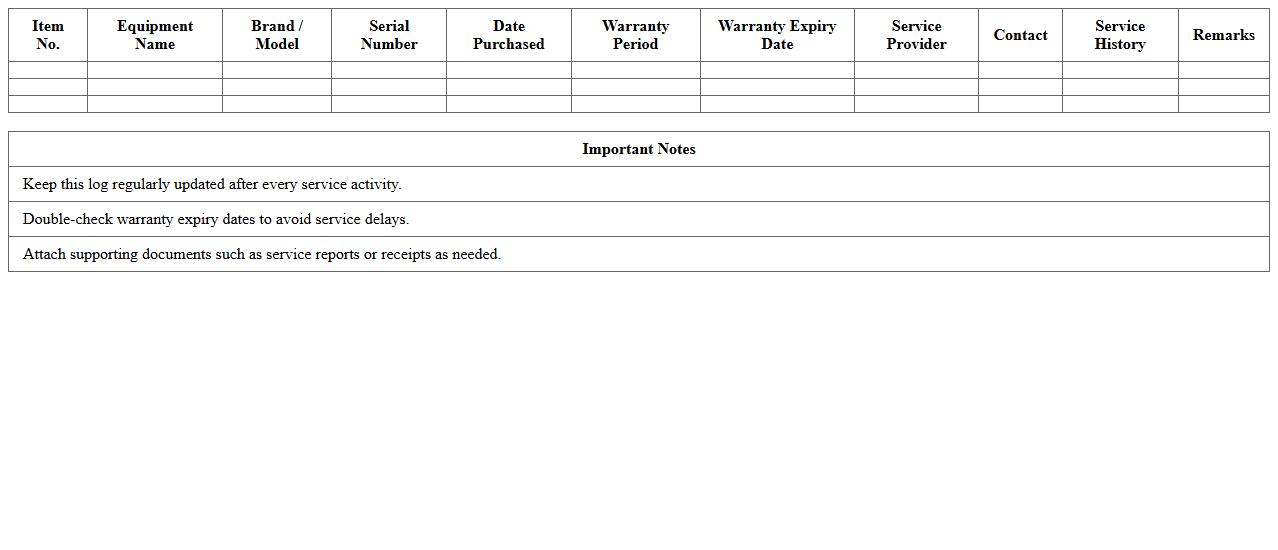 IT Equipment Warranty and Service Log Excel