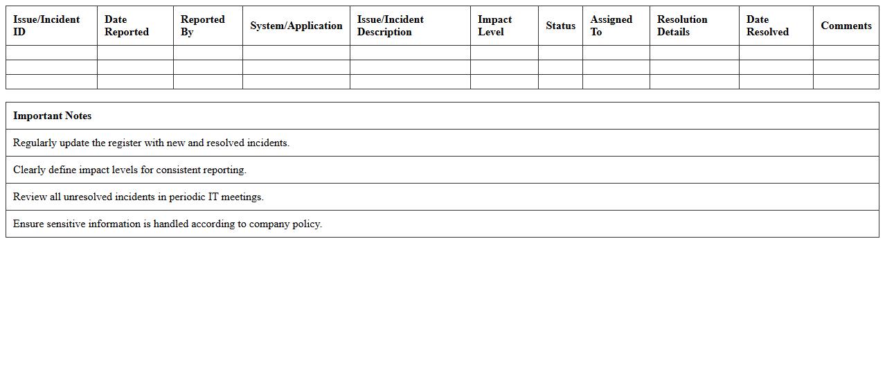 IT System Issue and Incident Register Template
