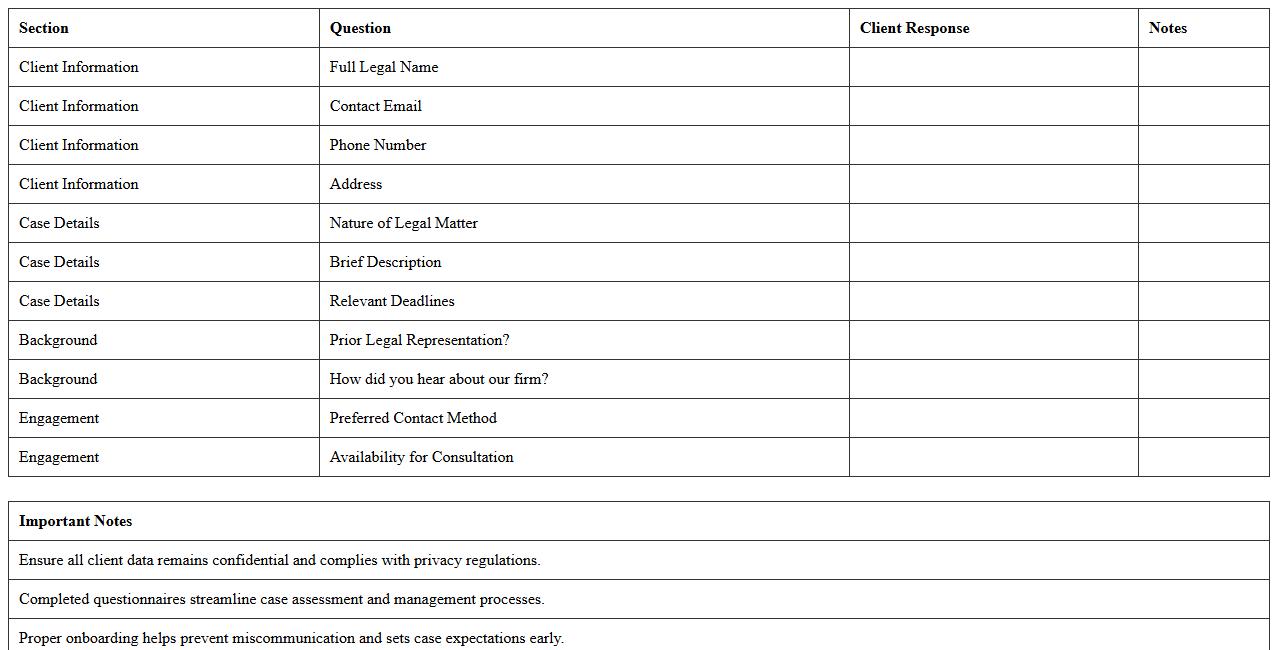 Legal Client Onboarding Questionnaire Excel Template