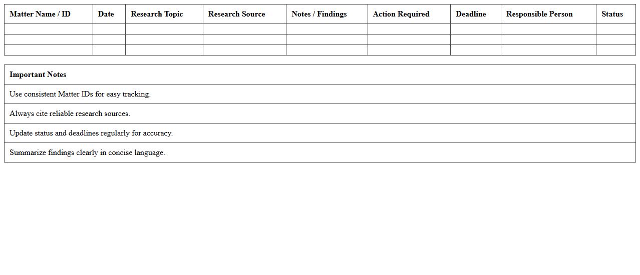 Legal Matter Research Notes Excel Template
