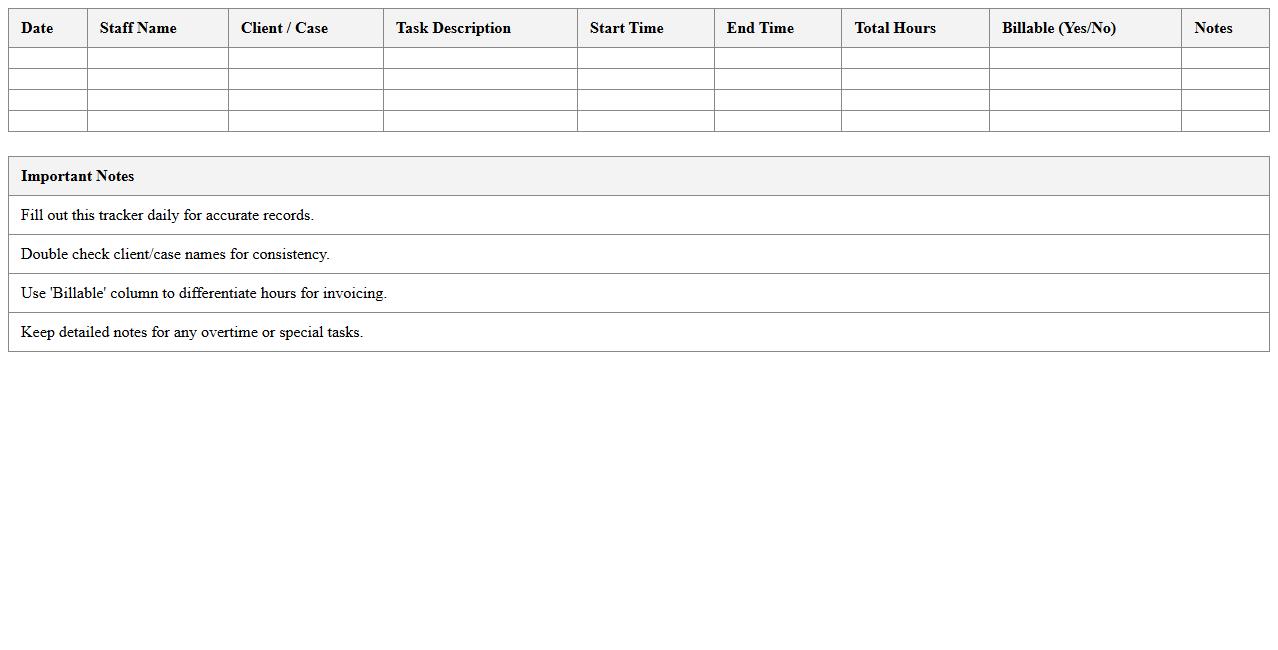 Legal Support Staff Hours Tracker Excel