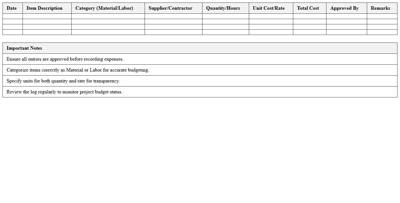 Materials and Labor Budget Log Excel Sheet