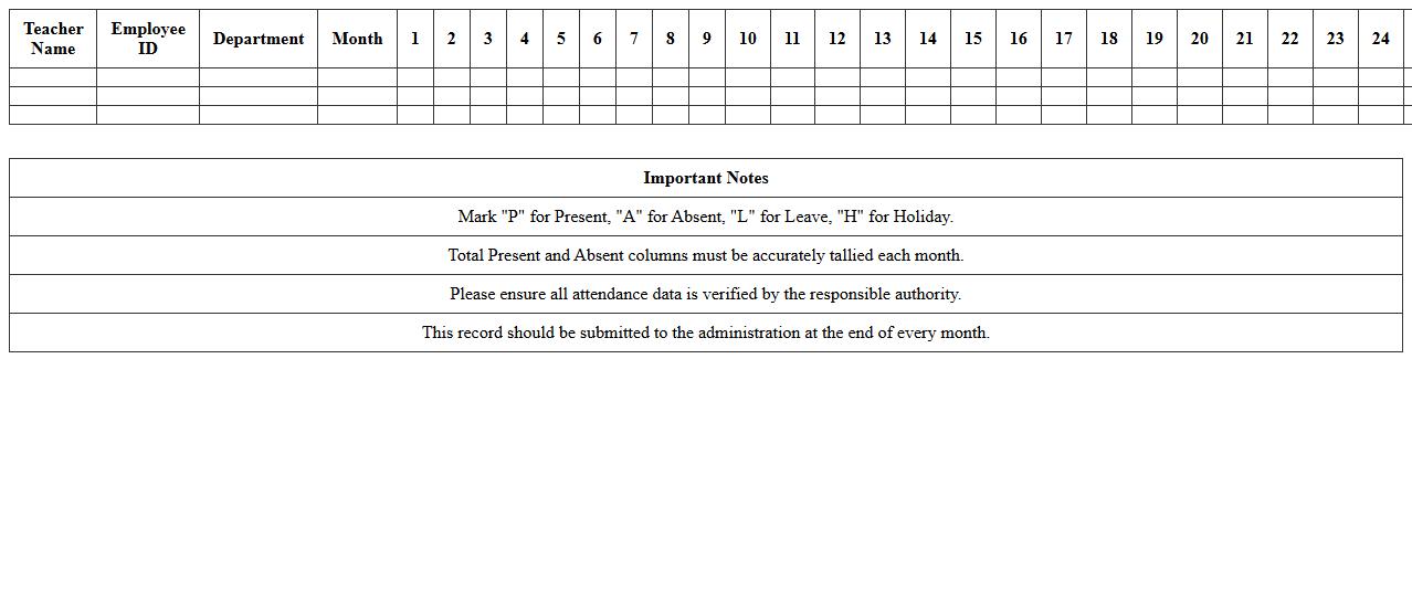 Monthly Attendance Record for Teachers