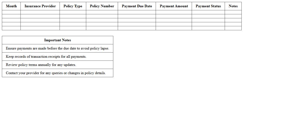 Monthly Insurance Payment Planner Sheet