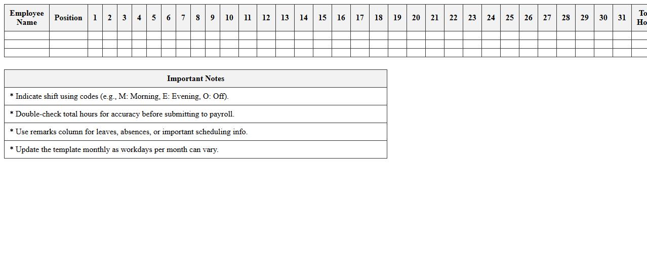 Monthly Retail Employee Shift Calendar Template