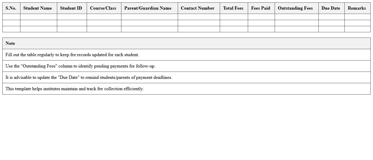 Outstanding Fees Report Excel Template for Institutes