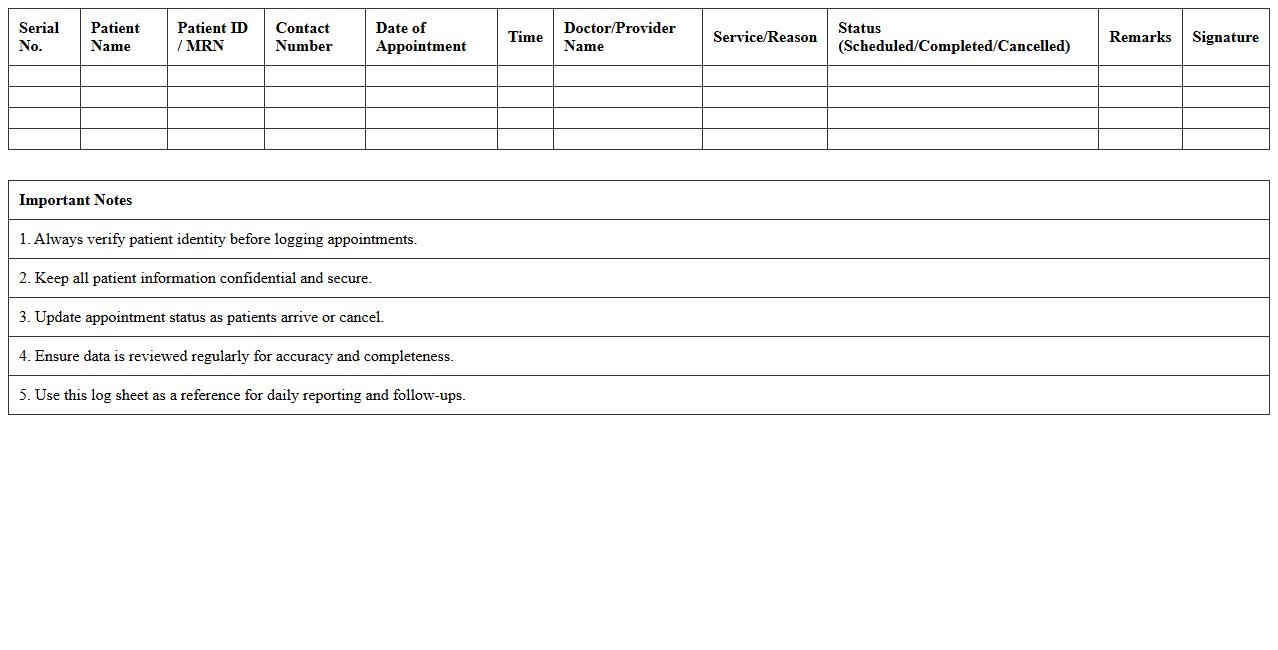 Patient Appointment Log Sheet for Clinics