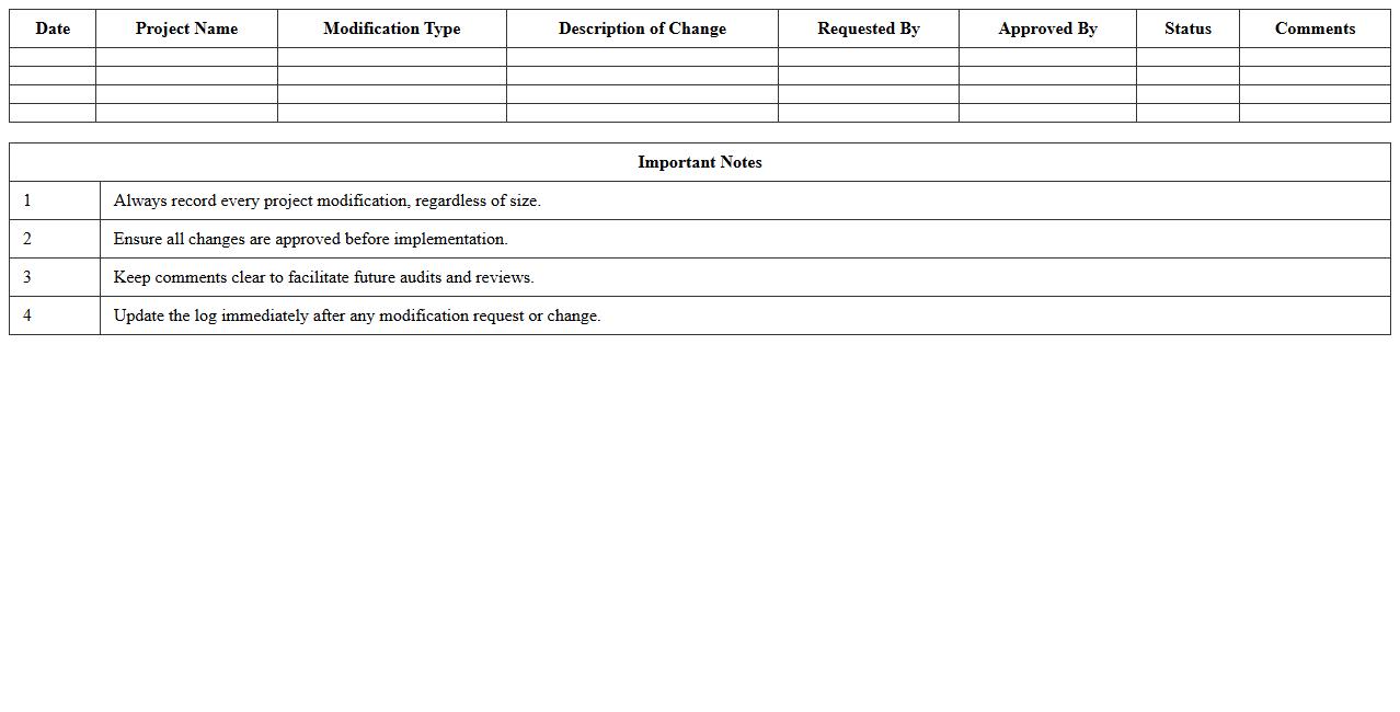 Project Modification Change Log Excel Template