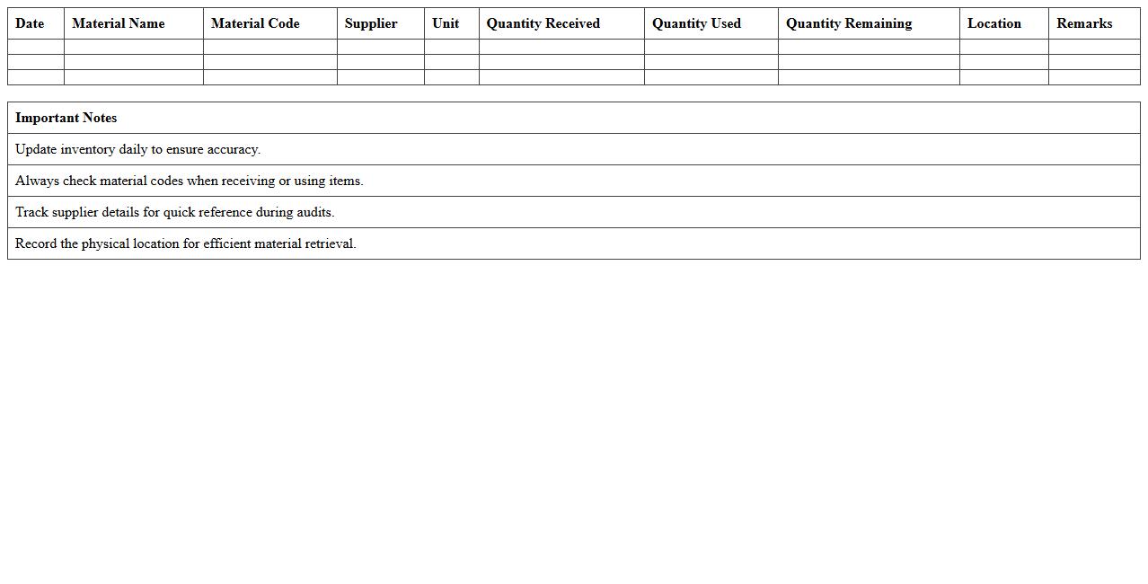 Raw Materials Inventory Log Excel Template
