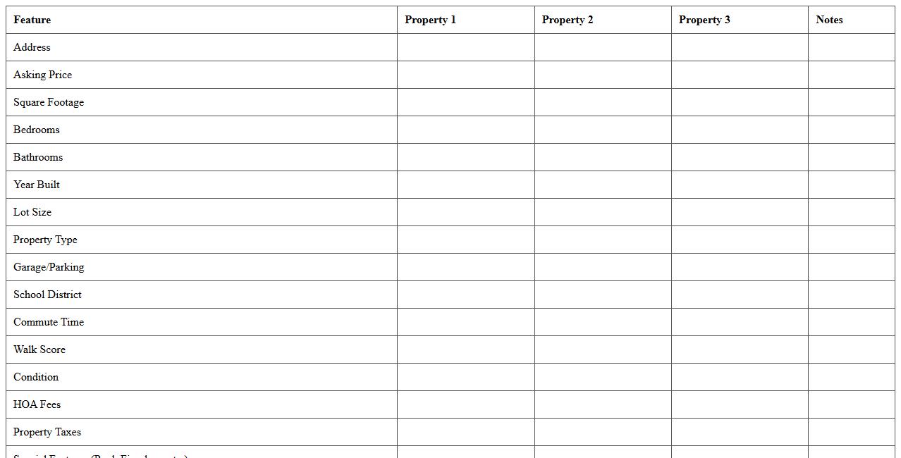 Real Estate Features Comparison Spreadsheet for Homebuyers