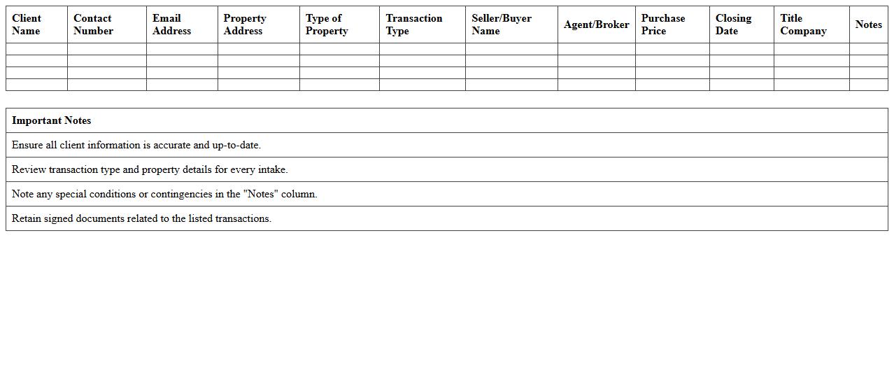 Real Estate Law Client Intake Excel Template