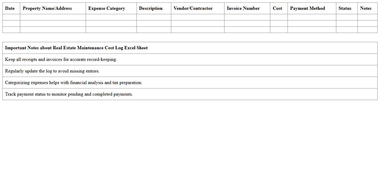 Real Estate Maintenance Cost Log Excel Sheet