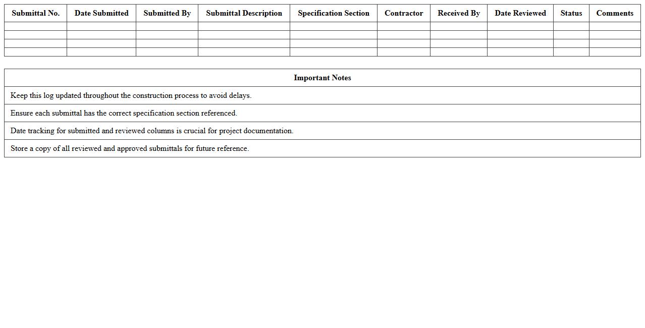 Residential Construction Submittal Log Excel Template