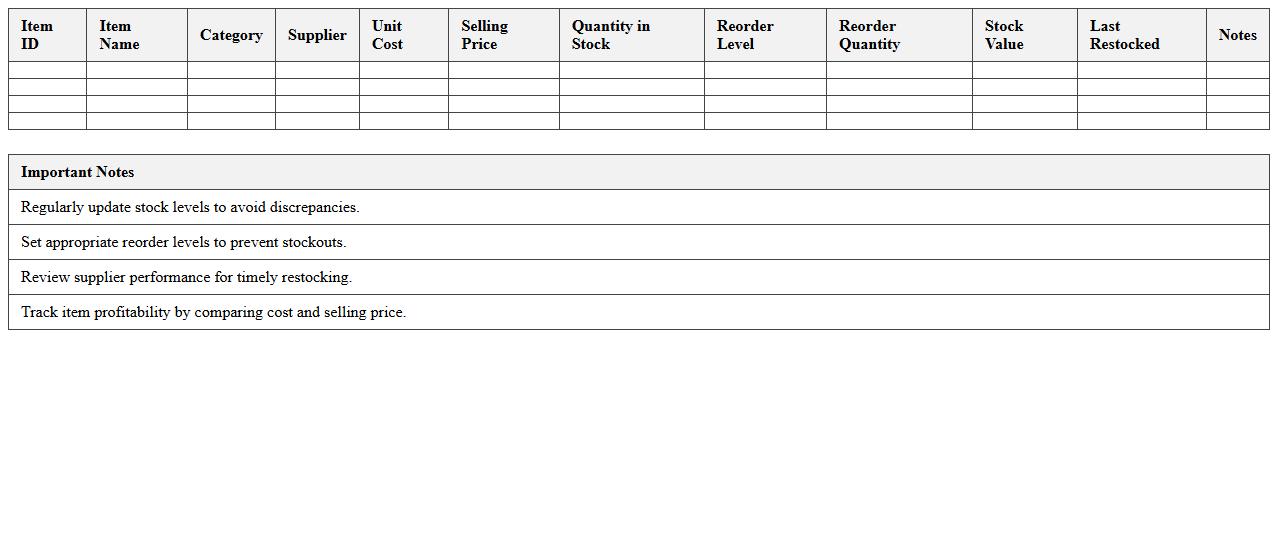Retail Store Inventory Tracking Spreadsheet