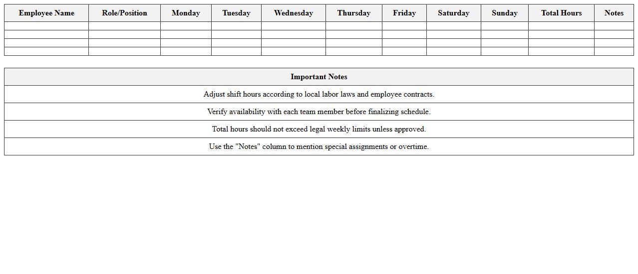 Retail Weekly Work Schedule Excel Template for Team Leaders