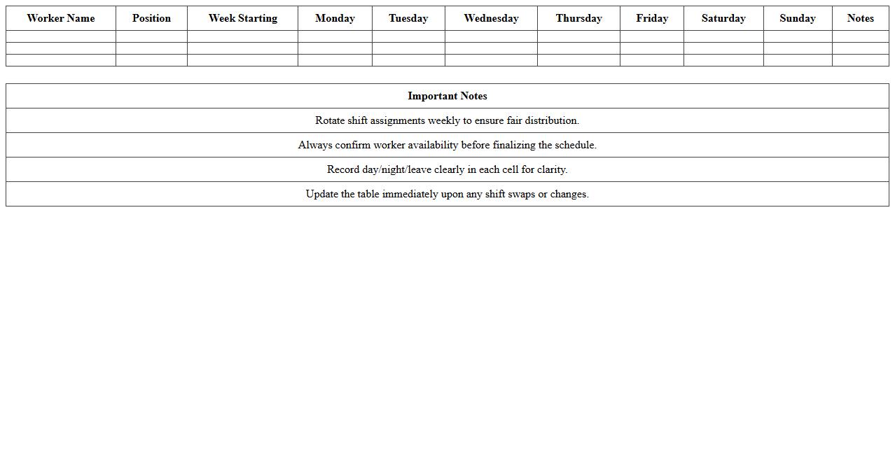 Rotational Worker Weekly Shift Calendar Template
