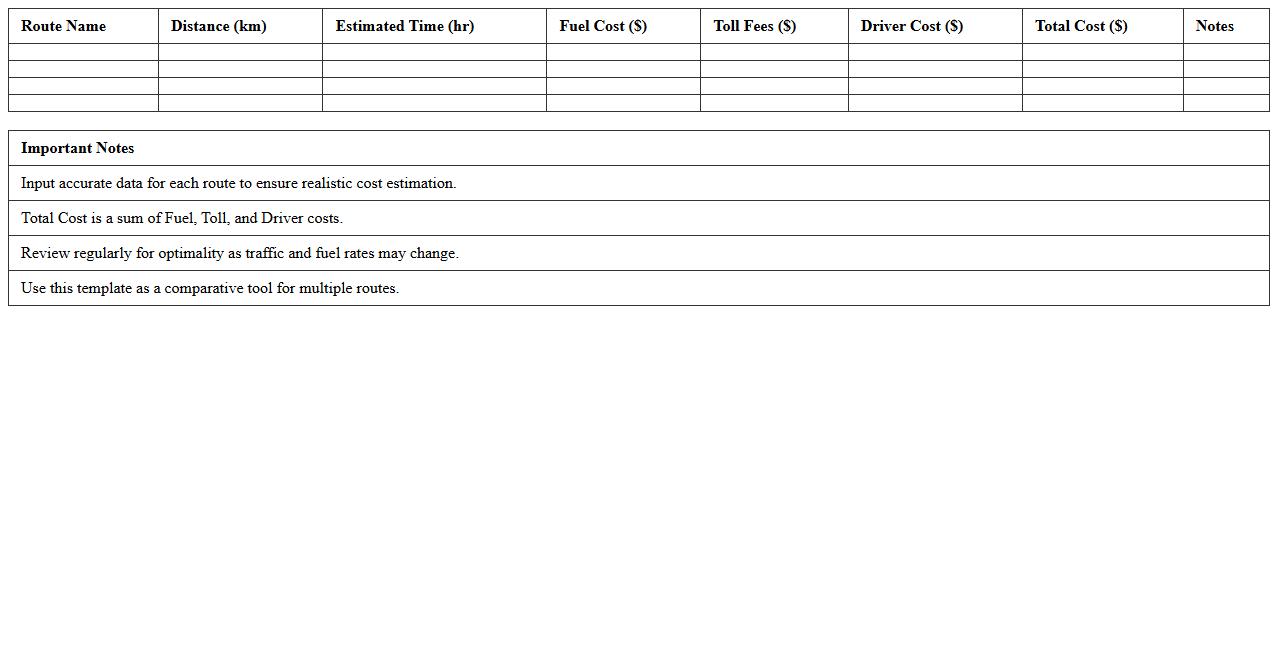 Route Optimization Cost Analysis Excel Template