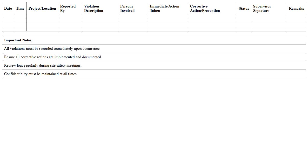 Safety Violation Log Excel Spreadsheet for Construction