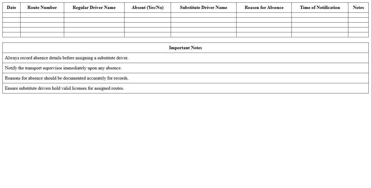 School Bus Absence & Substitute Driver Log Excel