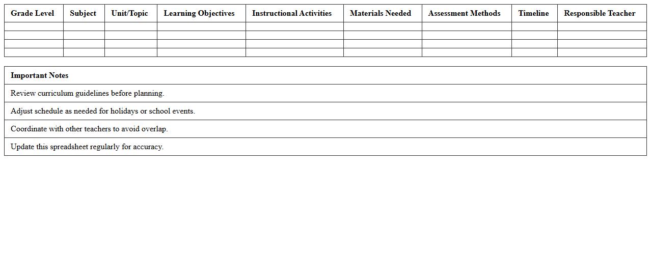 School Curriculum Planning Schedule Spreadsheet