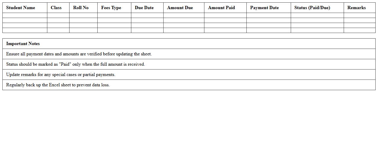 School Fees Due & Paid Status Excel Sheet