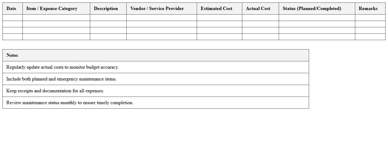 School Maintenance Expense Planner Excel