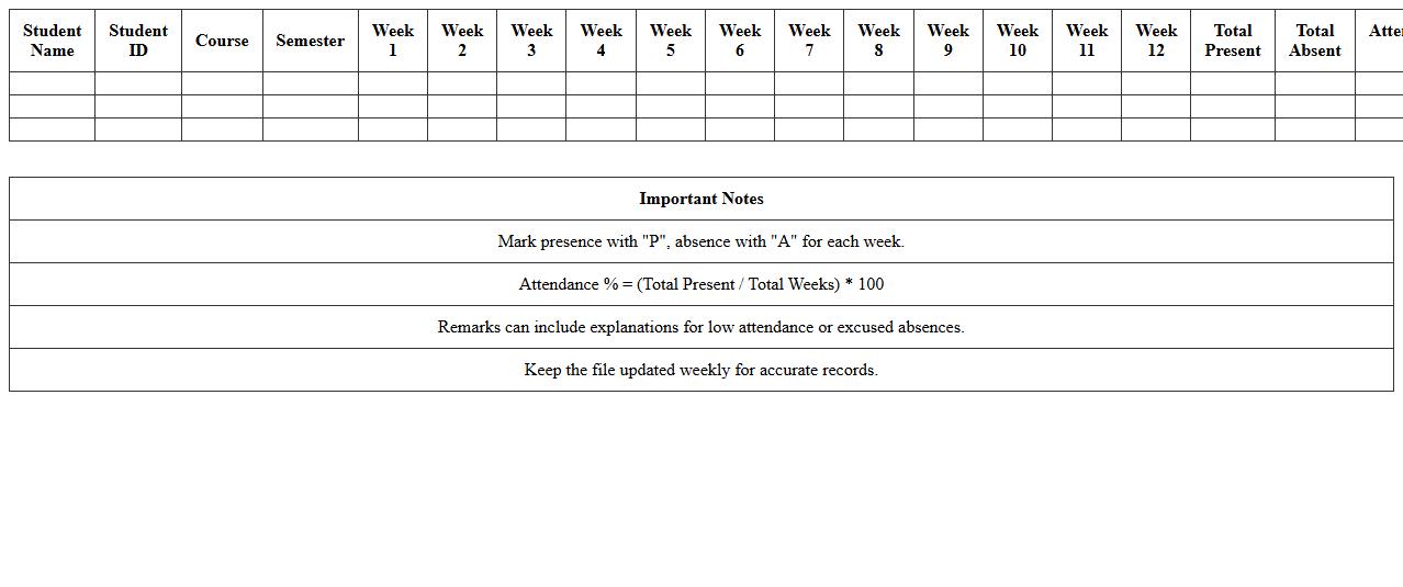 Semester Attendance Tracking Excel File