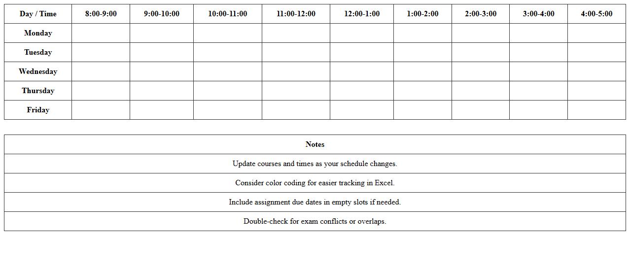 Semester Class Schedule Planner Excel Sheet