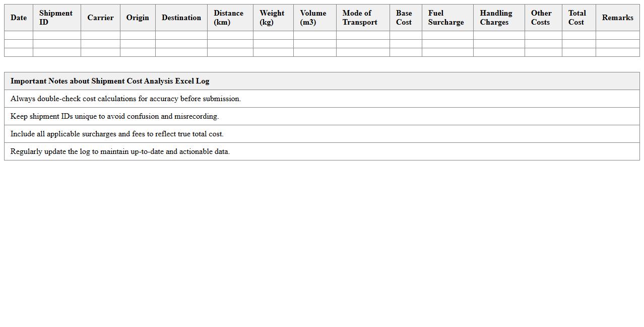 Shipment Cost Analysis Excel Log