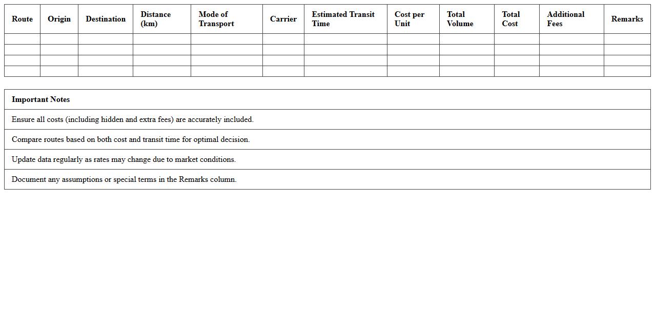 Shipping Route Cost Comparison Excel Template