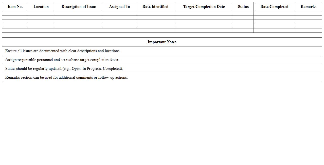 Site Walkthrough Punch List Excel Form
