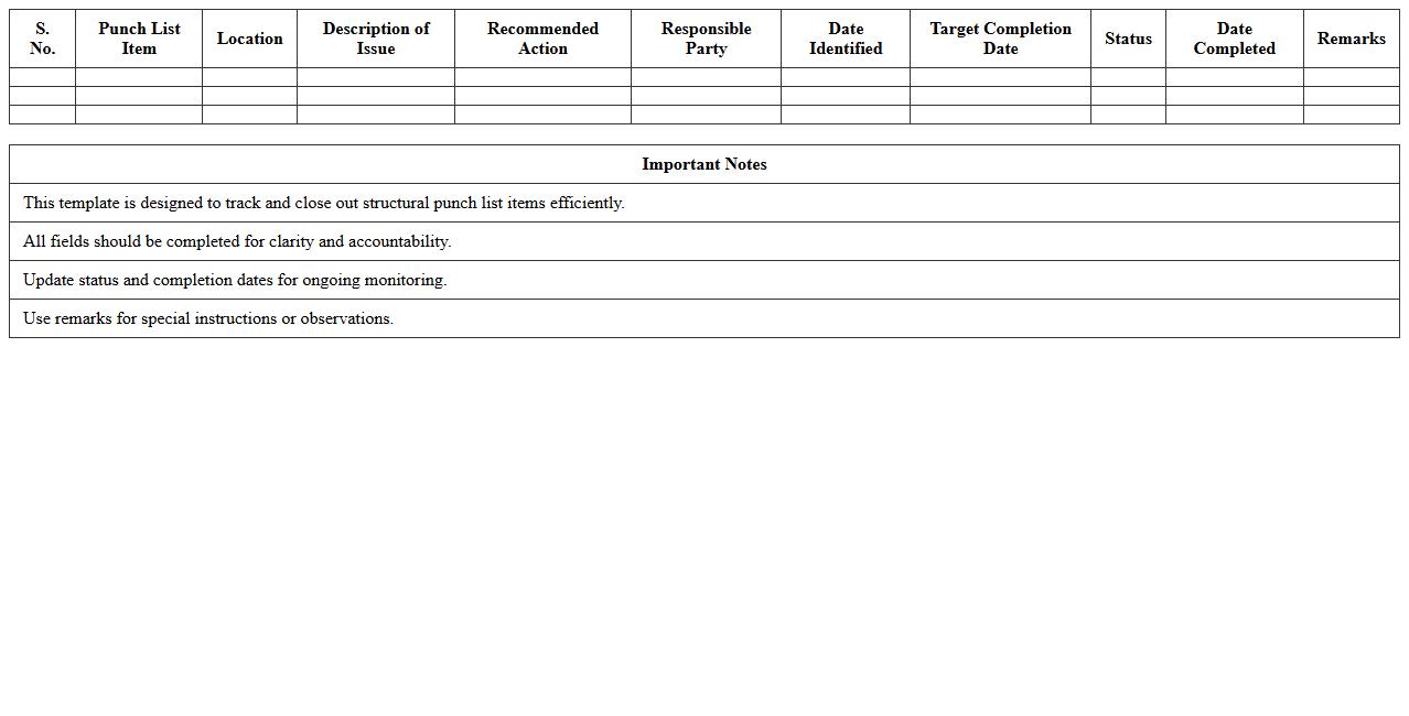 Structural Punch List Excel Template for Construction Quality