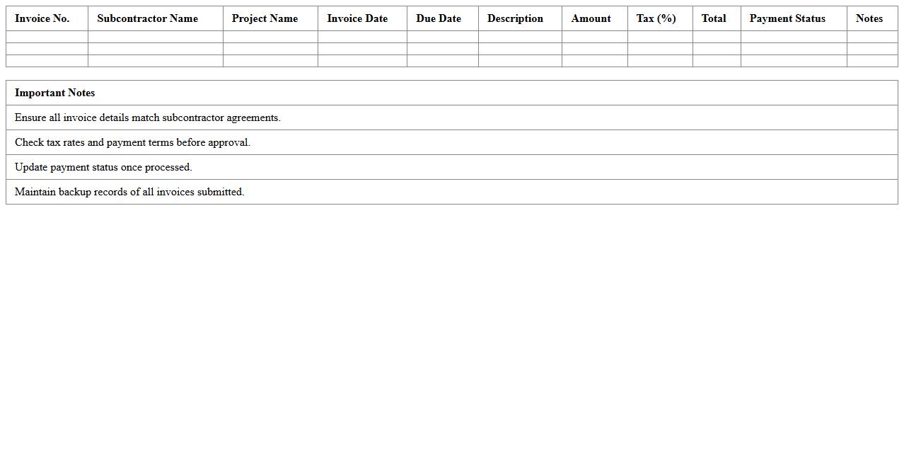 Subcontractor Invoice Management Excel Template