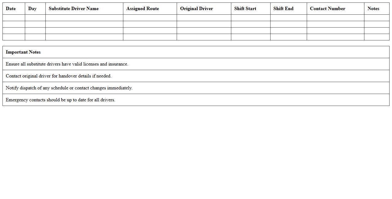 Substitute Driver Schedule Tracker Excel