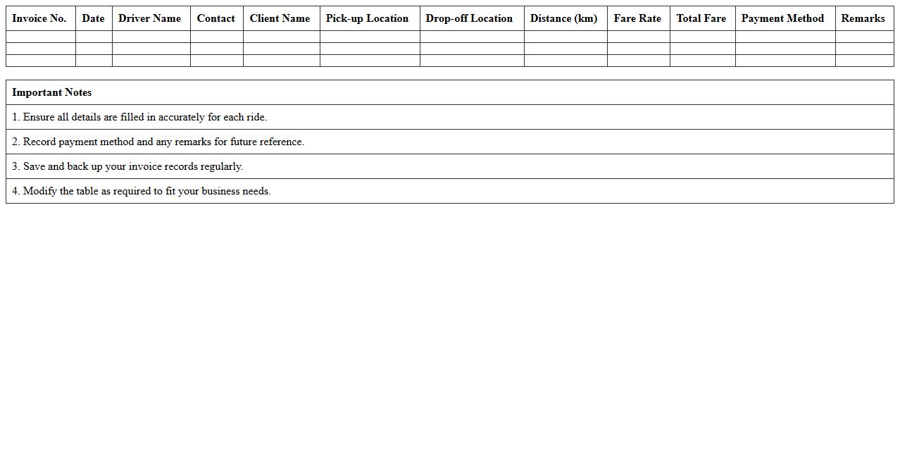 Taxi Transport Invoice Excel Template for Self-Employed Drivers