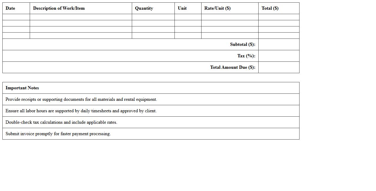 Time and Materials Construction Invoice Excel