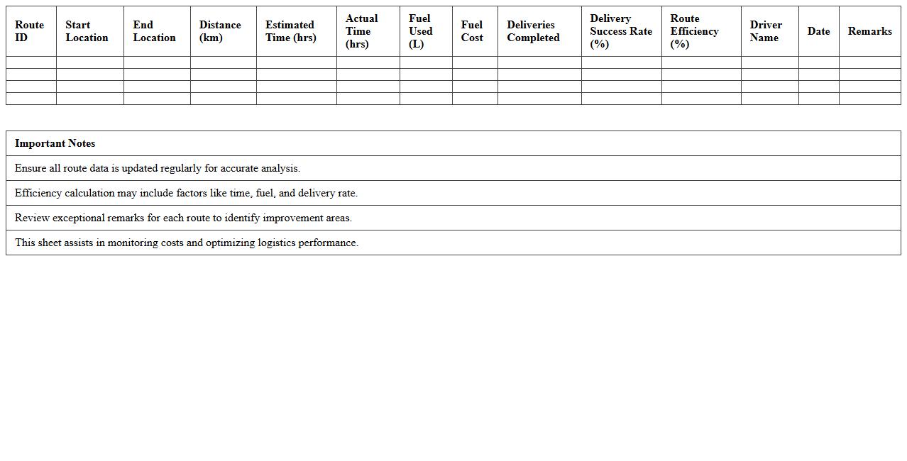 Transportation Route Efficiency Analysis Excel Sheet