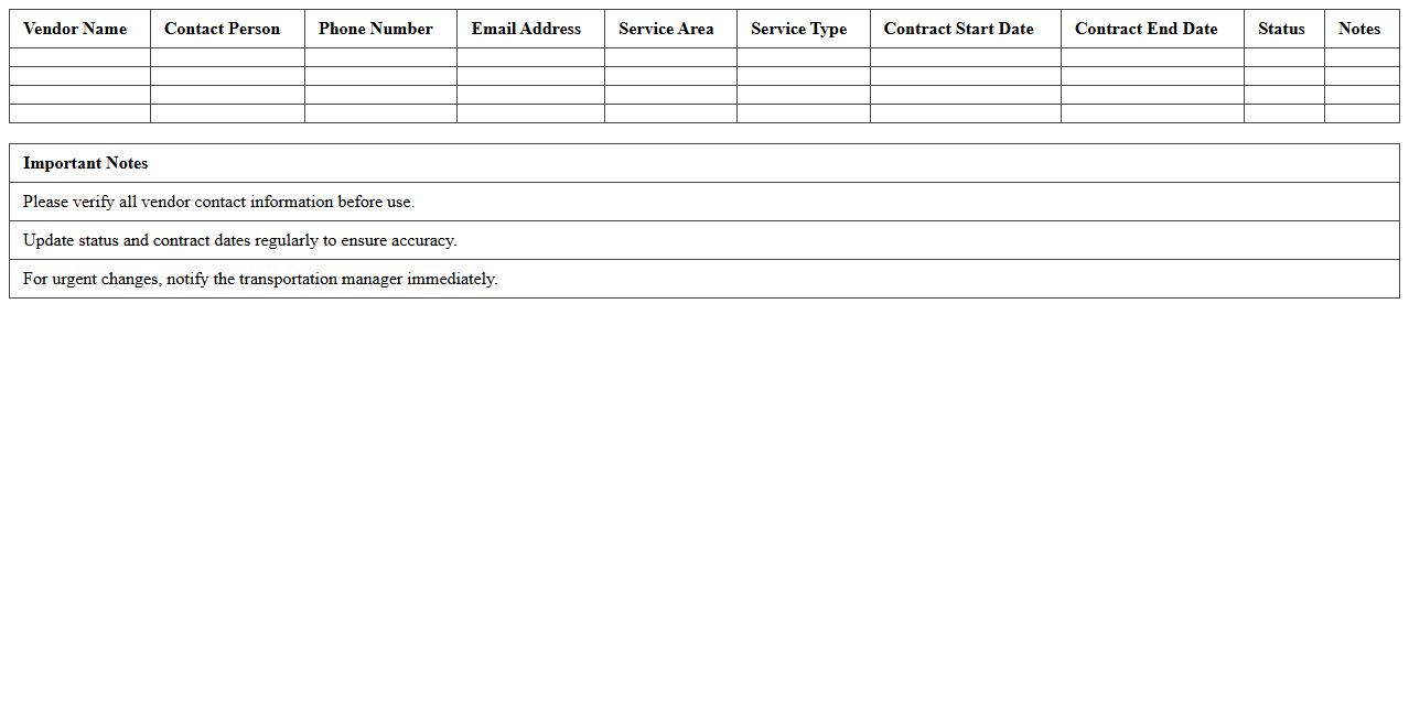 Transportation & Shuttle Vendor Contact List Excel Sheet
