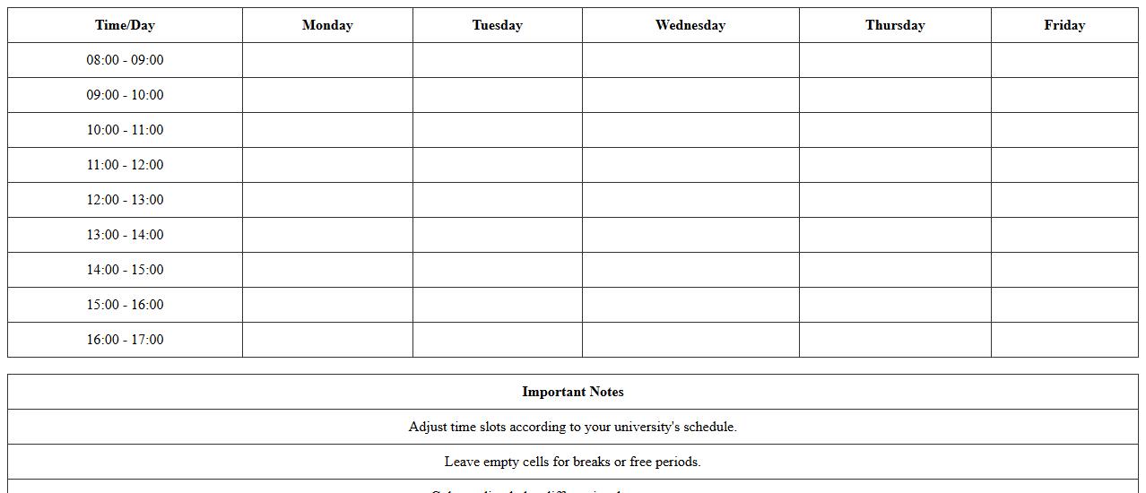 University Class Timetable Planner Excel