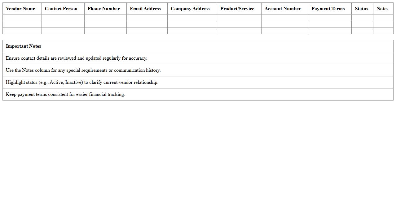Vendor Contact List Excel Template