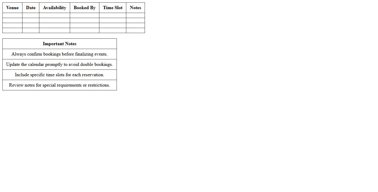 Venue Availability Calendar Spreadsheet
