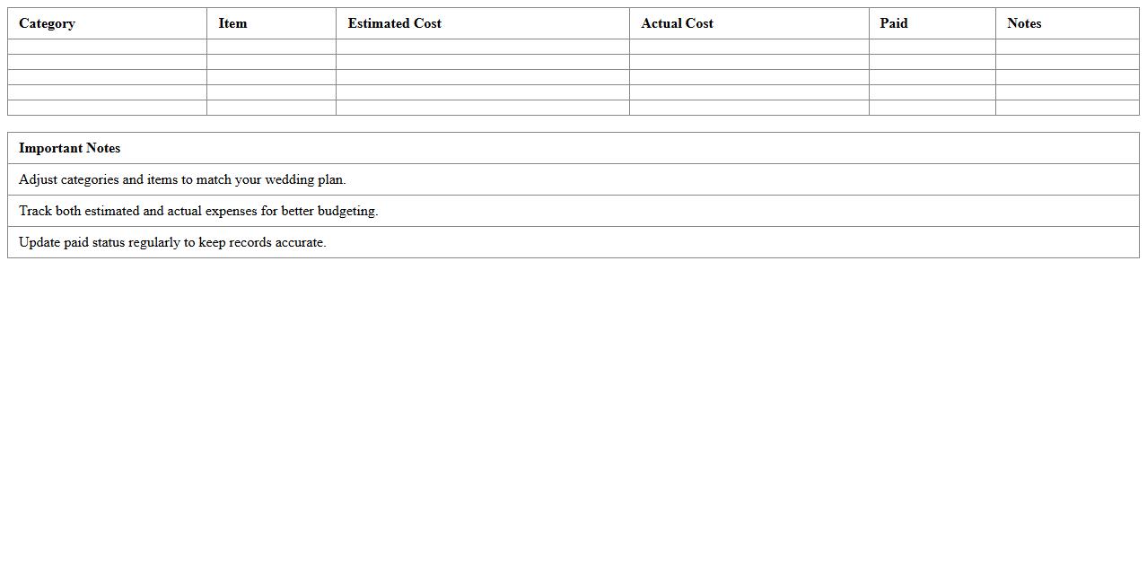 Wedding Expense Summary Excel Template