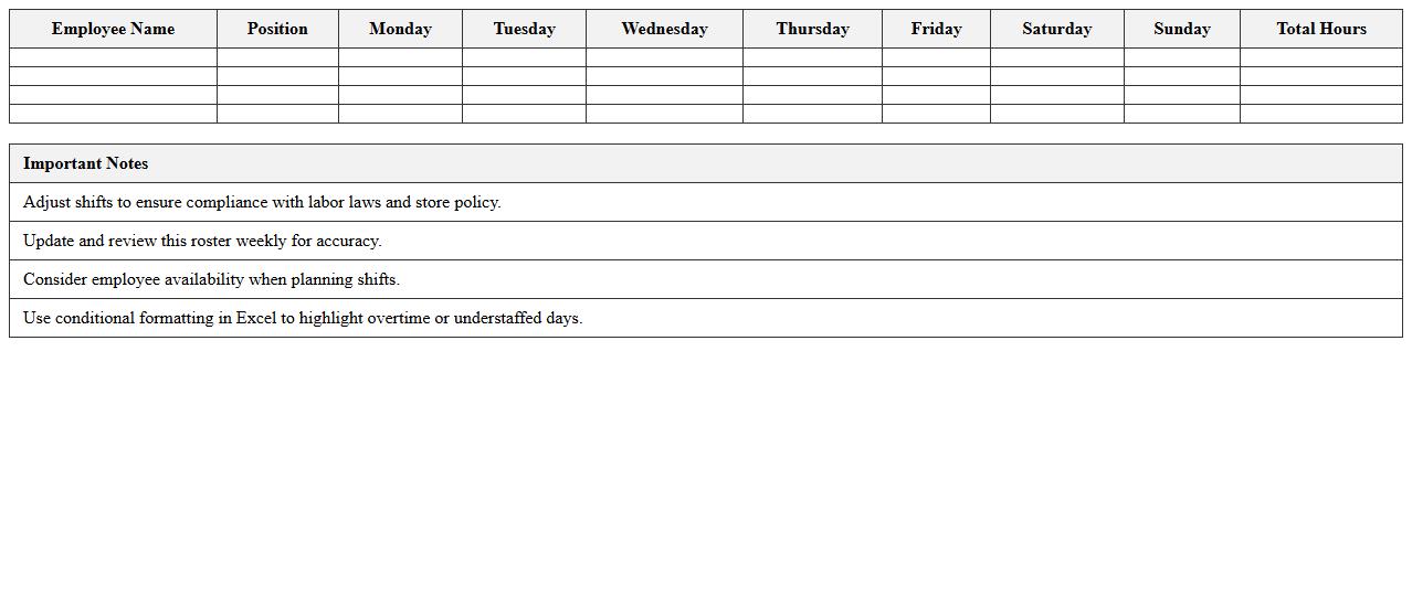 Weekly Employee Roster Excel Template for Retail Stores