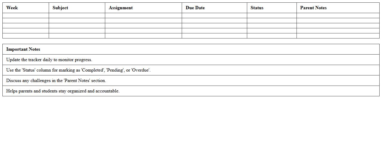 Weekly Homework Tracker Excel Template for Parents