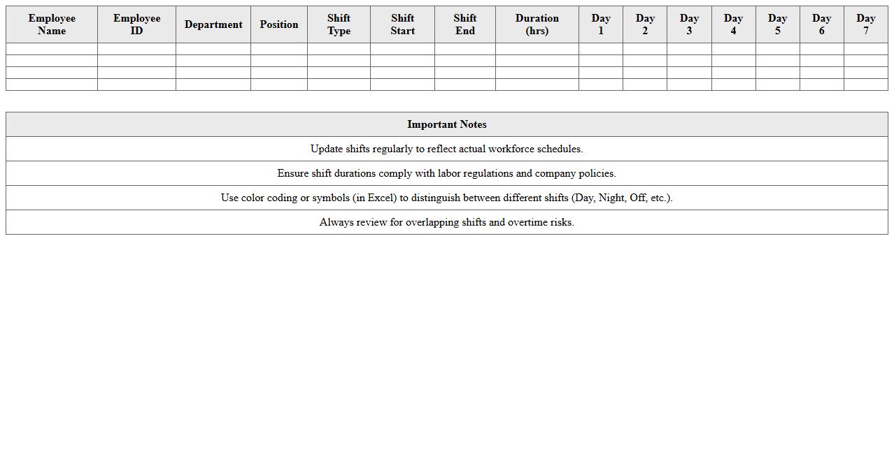 Workforce Shift Pattern Spreadsheet for Manufacturing