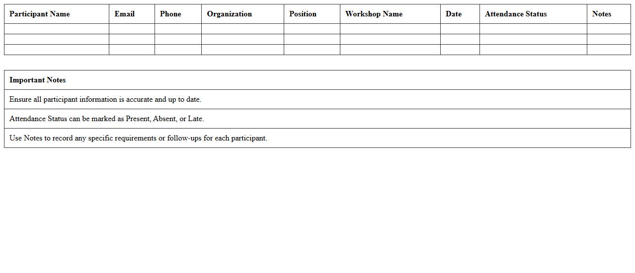 Workshop Participant Contact List Excel Template